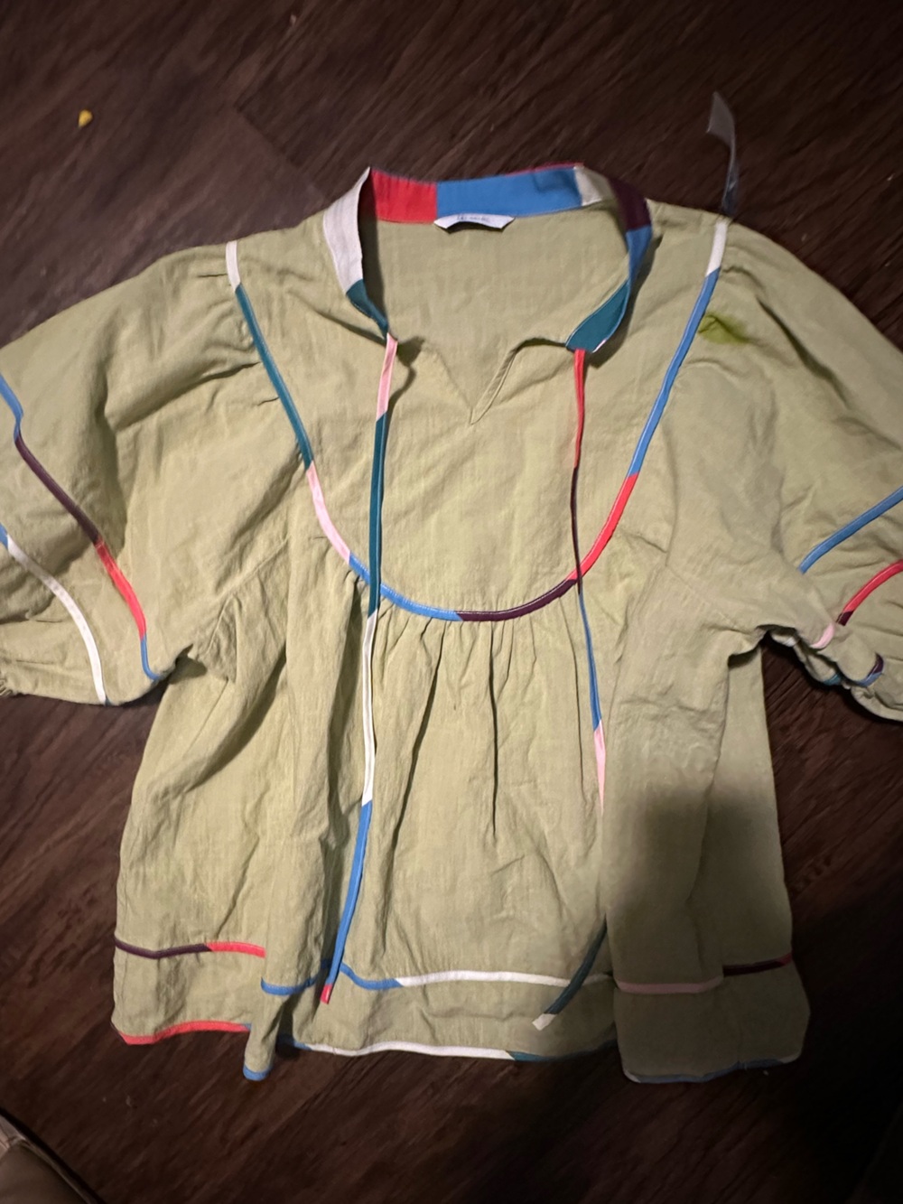 Olive Green Short-Sleeve Peasant Blouse with Multicolor Trim
